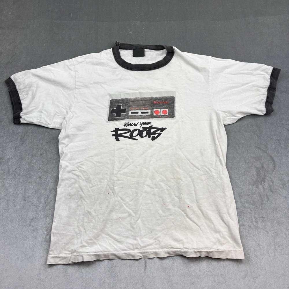 VTG Nintendo Know‎ Your Roots Ringer Retro Gaming Graphic Tee White Mens M
